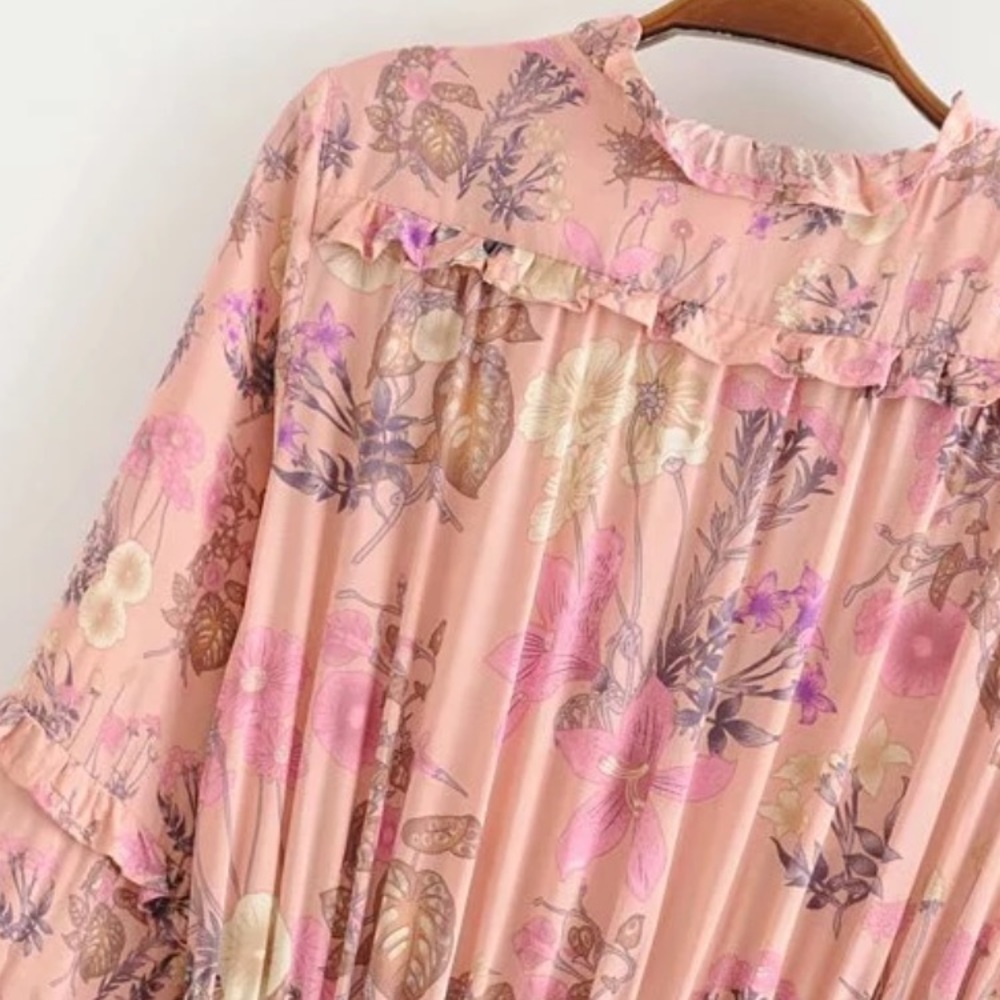 Long Sleeve Ruffle Boho Floral Gypsy Print Dress - Picture 9 of 11